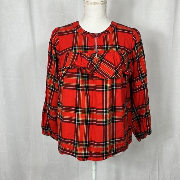 J. Crew Tartan Red Ruffle Blouse. - Picture 4 of 10